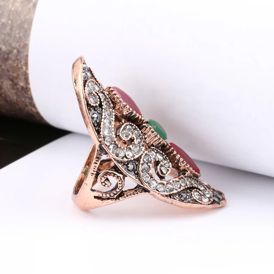 Kinel Vintage Ring Trendy Women Jewelry Gold Color Inlaid Red Resin Big Oval Party Crystal Antique Rings Turkish Jewelery 2020