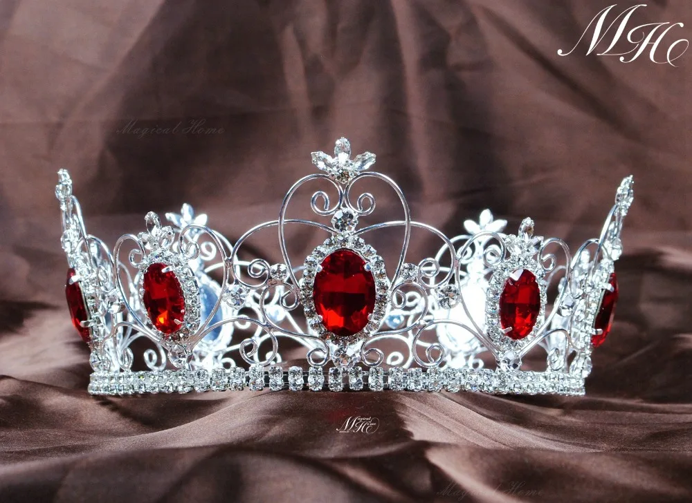 Red Semi-precious Stone Tiara Diadem Full Circle Round Crown Clear Rhinestone Crystal Beauty Pageant Party Hair Accessories