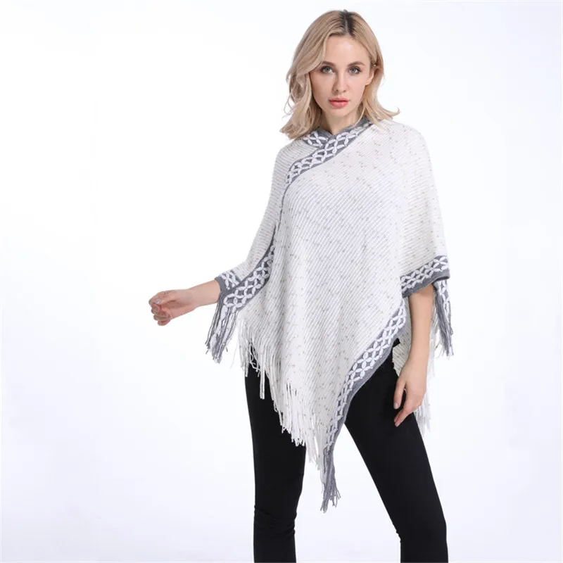 

New Fashion Woman Pullover Knitted Sweater White Scarf For Woman Poncho Dot Tassel Pullover Lady Ponchos And Capes