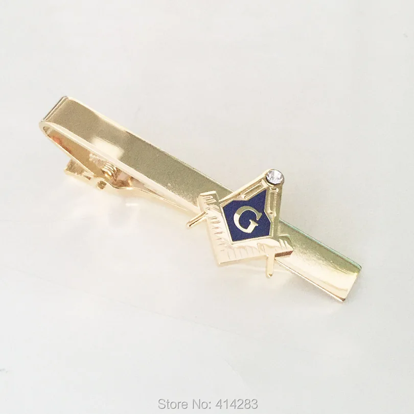 Masonic Masonry Square and Compass Gold Color Rhinestone Fashion Men's Neck Tie Clip Bar Freemason Blue Lodge