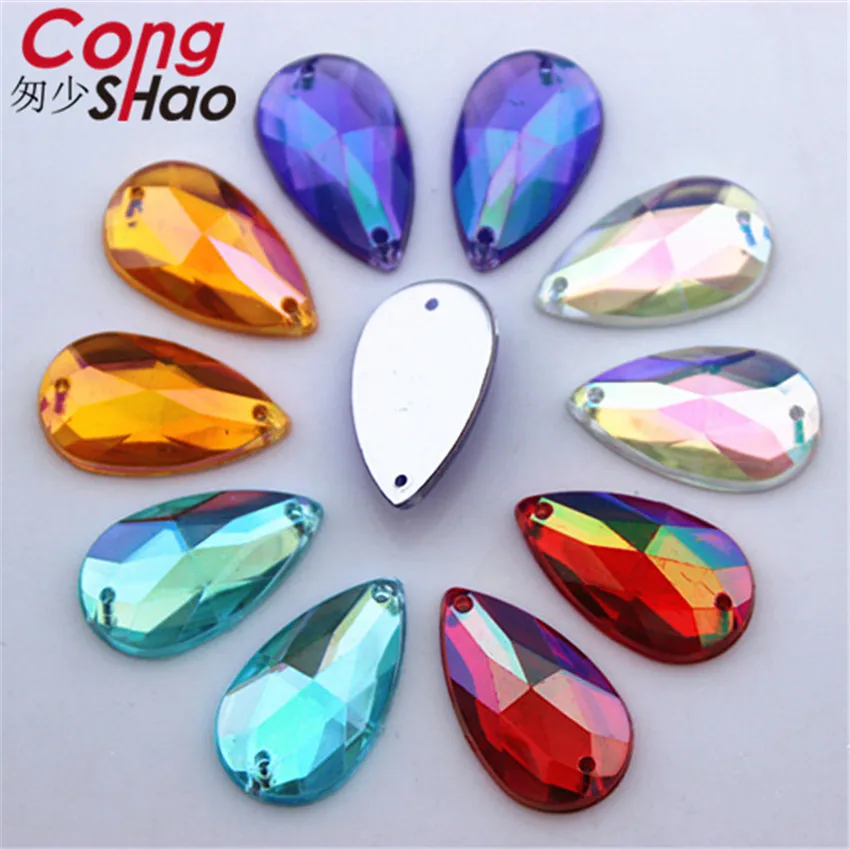 Cong Shao 100pcs 14*24mm AB Color Drop Pear Stone Crystals Flatback Acrylic Rhinestone Trim Sewing 2 Hole Costume Button CS330