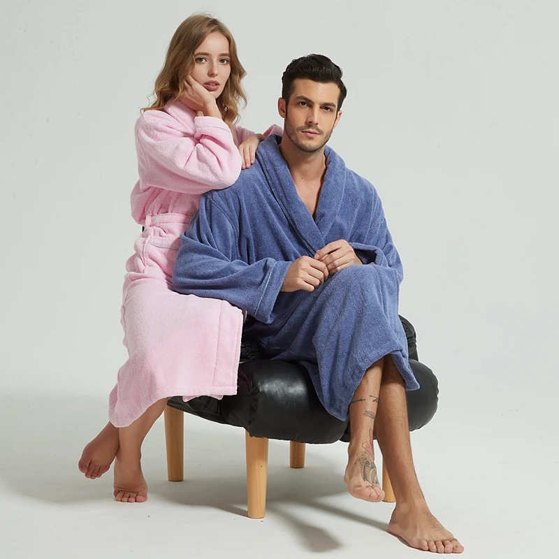 

Winter Women Bathrobe 100% Cotton Towel Terry All Seasons Couple Robe Hotel Robe Soft Breathable Absorbent Sleepwear Night-gown