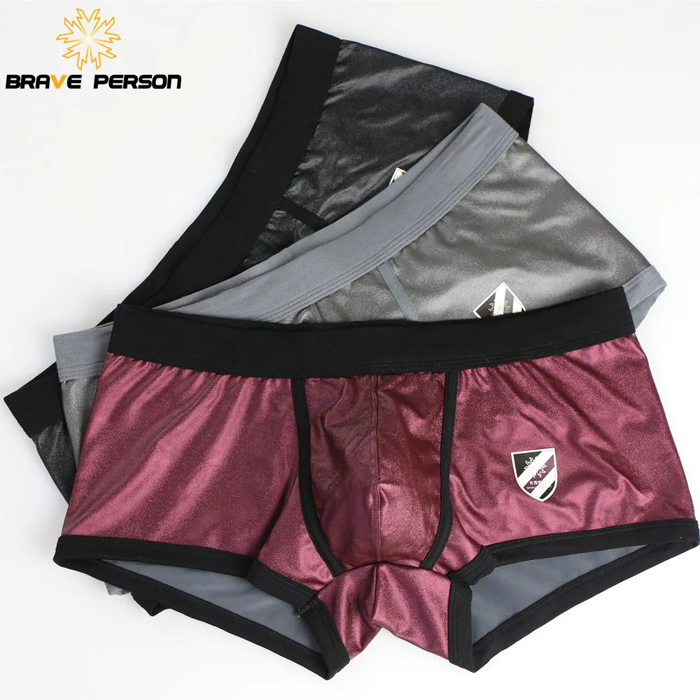BRAVE PERSON Sexy Men Imitation Leather Boxers Shorts Underwear Men Underpants U Convex Pouch Boxer Shorts For Man