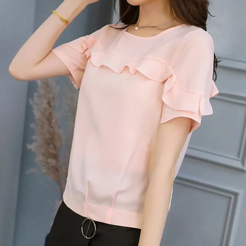 Frühling Sommer Chiffon Hemd Neue Koreanische Mode Dünne Reine Farbe Blusen Shirts Frauen Runde Kragen Kurzarm Dünne Tops H9062