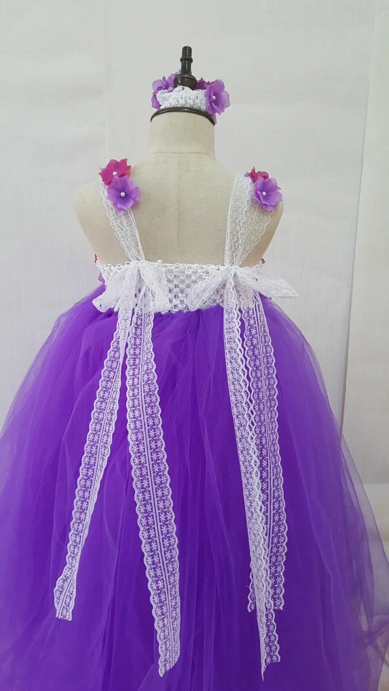 Beautiful Girls Purples Flower Petals Tutu Dress Kids Fluffy Tulle Wedding Party Dress with Headband Children Crochet Long Tutus