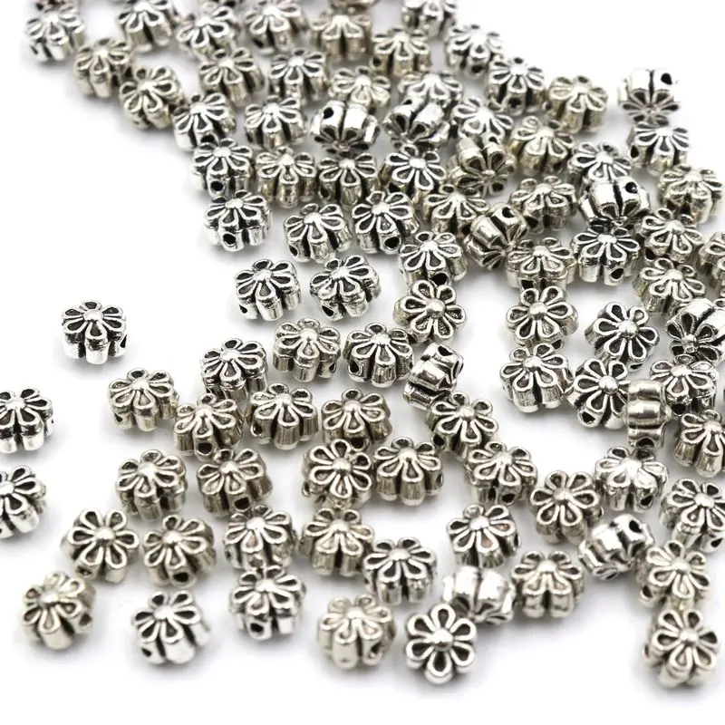 50 stücke Metall tibetischen Silber Blume Spacer lose Perlen für Schmuck Handarbeit DIY Armband Halskette Perlen Zubehör Großhandel – Detail 2