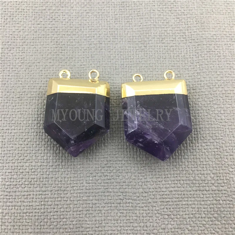 

MY0499 Faceted Pentagon Amethysts Point Pendant with Pure Gold& Silver Color Cap And Double Bail Purple Crystal Stone Charm