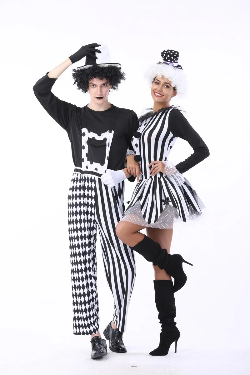 Black and White Couple Circus Clown Costume,Mens Nobody\'s Fool Costume,Women Devious Playful Jester Babe Costume Clowns Uniforms