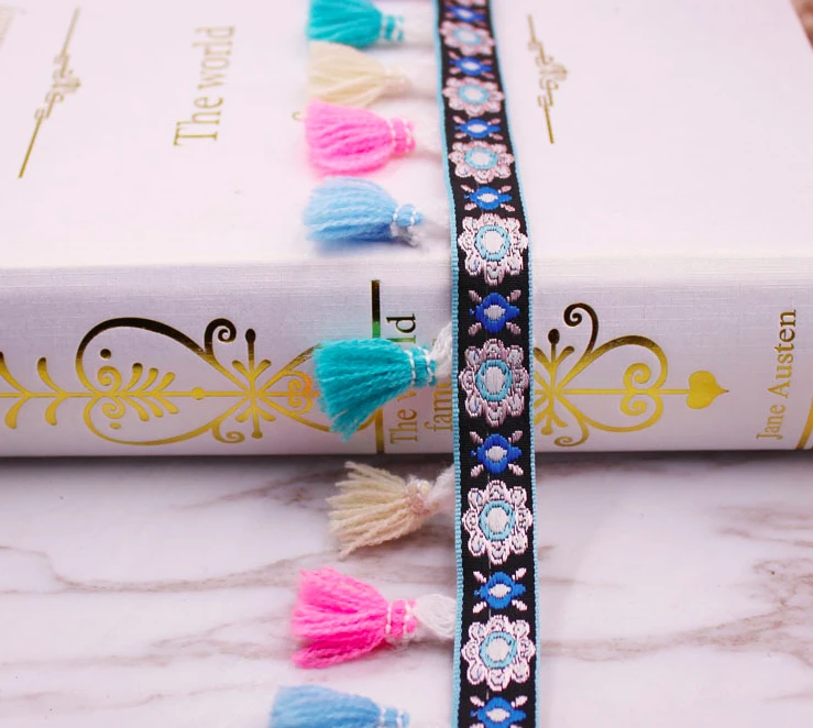 ethnic jacquard webbing floral woven tape tassel fringe lace cloth collar trim ribbon 3.5cm tribal boho DIY native gypsy zakka