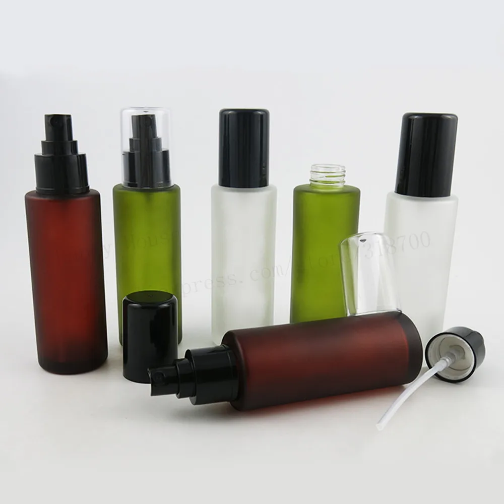 

12/lot 100ml Frosted Green Brown Toner Round Glass Bottle with Black Plastic Sprayer Cosmetic Packaging Mist Spray Container