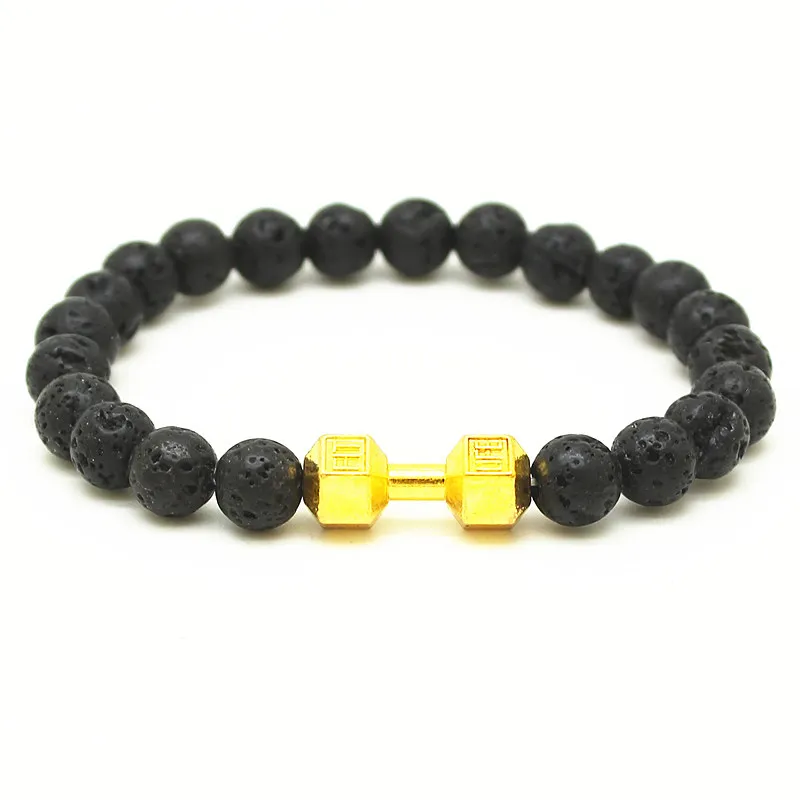 2016 Mens Bracelet Natural Stones Live Lift Dumbbell Bracelet Lava Onyx beads Fitness Rockmen Bracelet 4 Color