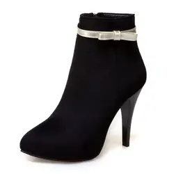 BLXQPYT New Big Size 50 Women High Heels Ankle Boots Round Toe Inner Zip Autumn Winter Warm Pointed Toe Short Platform Boots 2-5