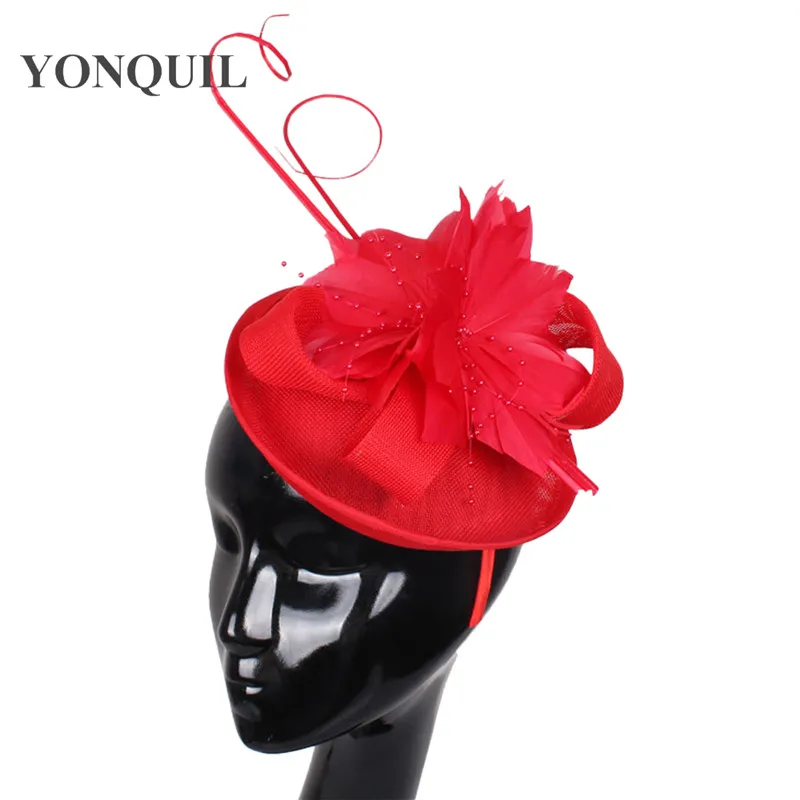 

Red Feather Fascinator Imitation Sinamay Fascinators Wedding Hair Accessories Party Hats Bridal Headpieces High Quality 16Colors