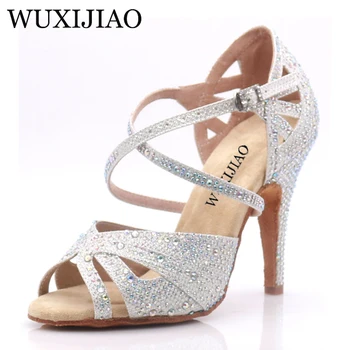 WUXIJIAO, zapatos de baile latino para mujer de tela flash en blanco y negro, zapatos de baile de salón, zapatos de baile cuadrados para fiesta, tacón suave de 7,5 cm