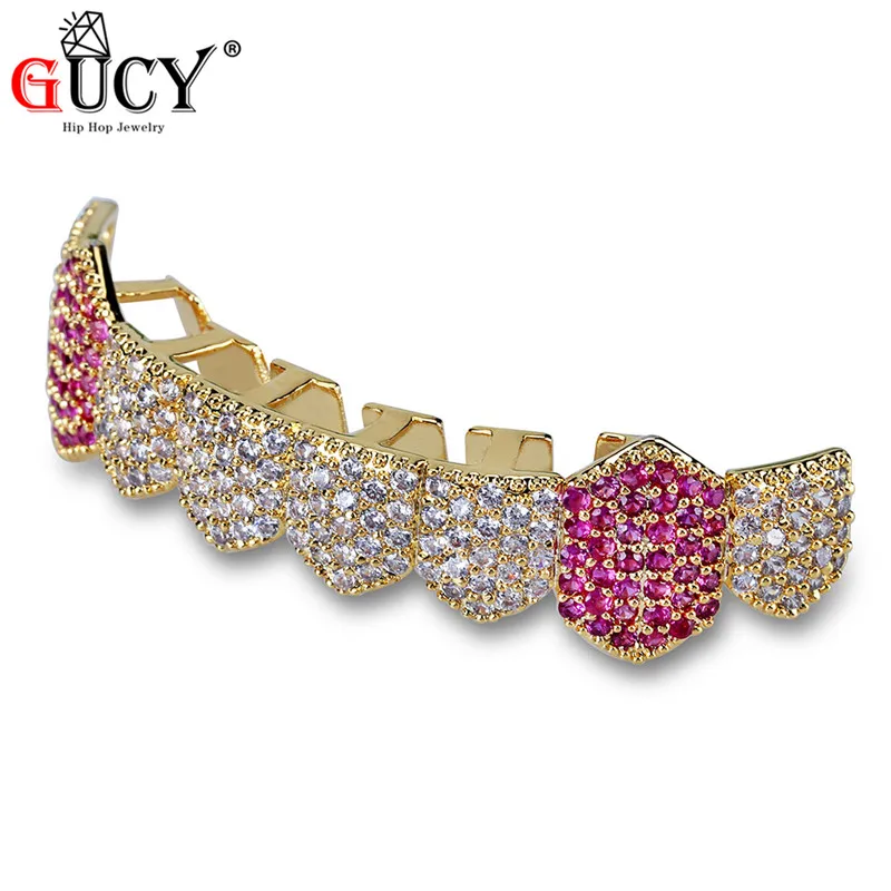 GUCY Hip Hop Teeth Grills Gold Silver Color Iced Out Micro Pave White & Fuchsia CZ Vampire Fangs Bottom Teeth Grillz For Gift