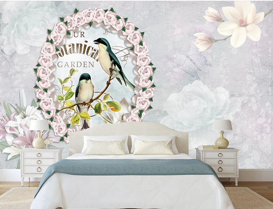 Custom large murals, Small fresh European bird and flower wallpaper, living room tv sofa wall bedroom wall papers home decor