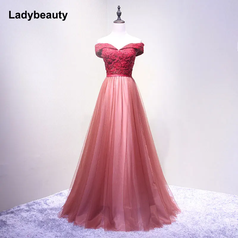 

New Wine Red Evening Dress Bride Banquet Sweetheart Boat Neck Floor-Length Lace -Up Party Formal Gowns