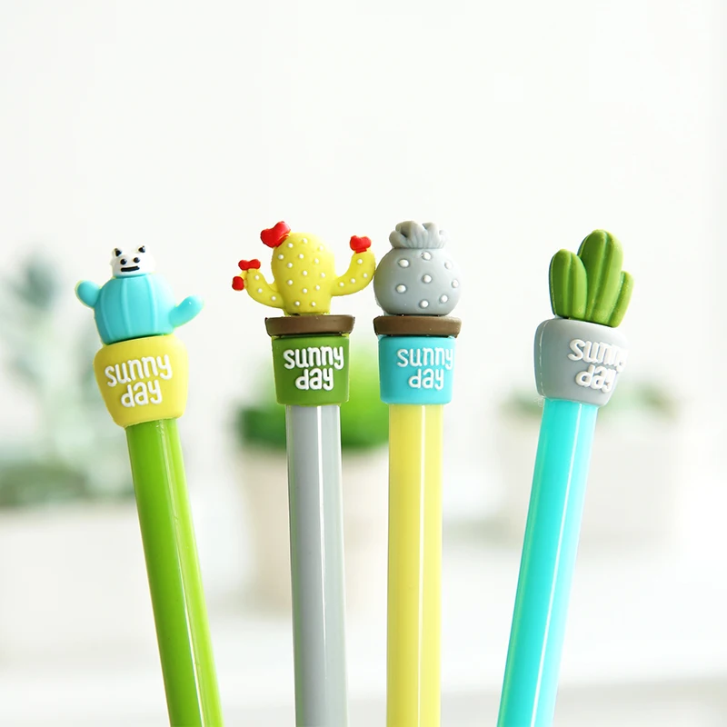 4pcs Sunny day Cactus potting gel pen Succulent plants black ink pens 0.5mm nib syring refill Stationery school supplies A6763