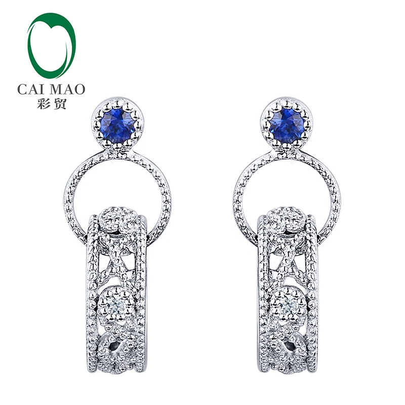 

Caimao Deco Vintage Natural Blue Sapphire Earrings Circle Diamond 14kt White Gold Exquisite Dangle