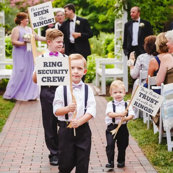 set of 3 Custom Wedding Ring Security Crew Sign Banner flags Any Phrase, personalize flower girl Ring Bearer photo props flags