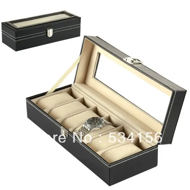 

Free shipping Glass surface can fit into a 6 watches luxurious leather watch box black jewelry box8*30*11cm