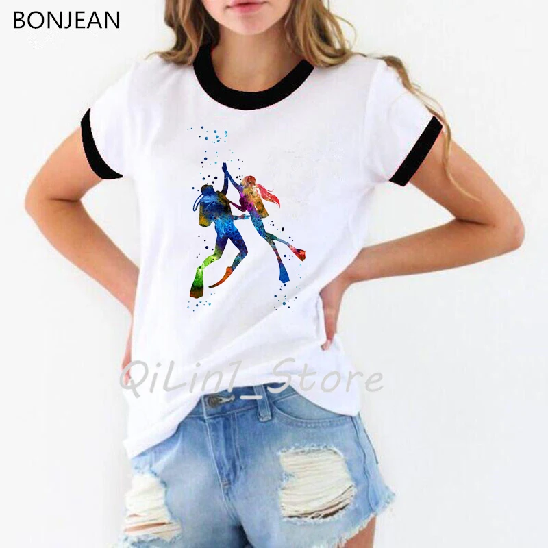 2024 Summer Tops Fashion T Shirt Women Watercolor Scuba Divers Couple Print Tee Shirt Femme Hipster Cool Lady T-Shirt Female