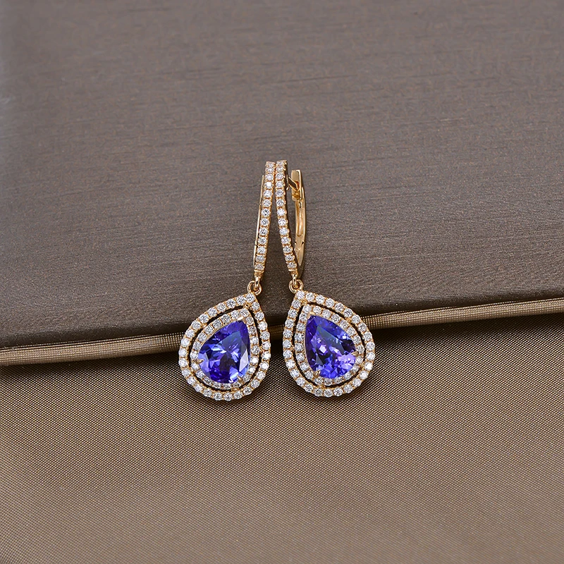 CAIMAO 14K Yellow Gold 1.823ct  Blue Tanzanite 0.60ct Natural Diamond Engagement Drop Earrings