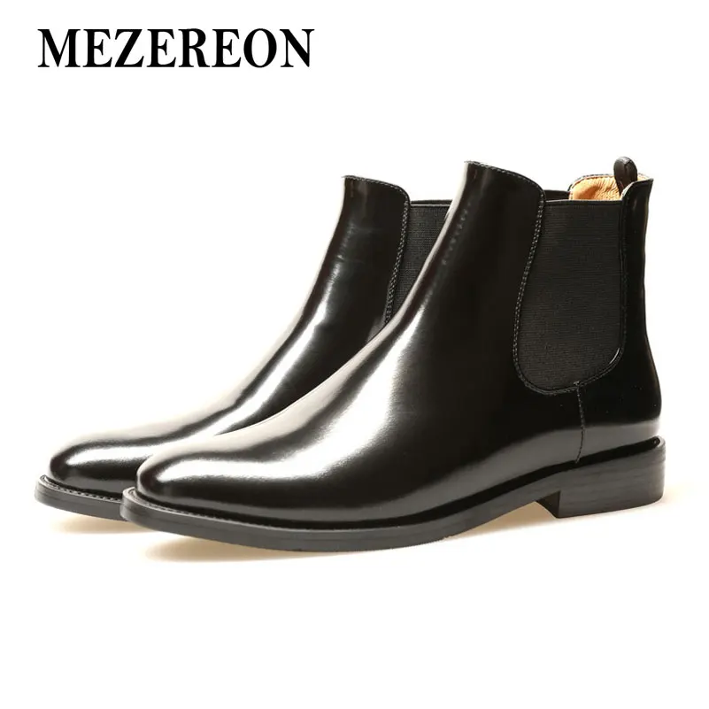 MEZEREON Boots Women Autumn Winter Fashion Women Ankle Boots Genuine Leather Slip On Shoes Ladies Chelsea Boots Plus Size 45