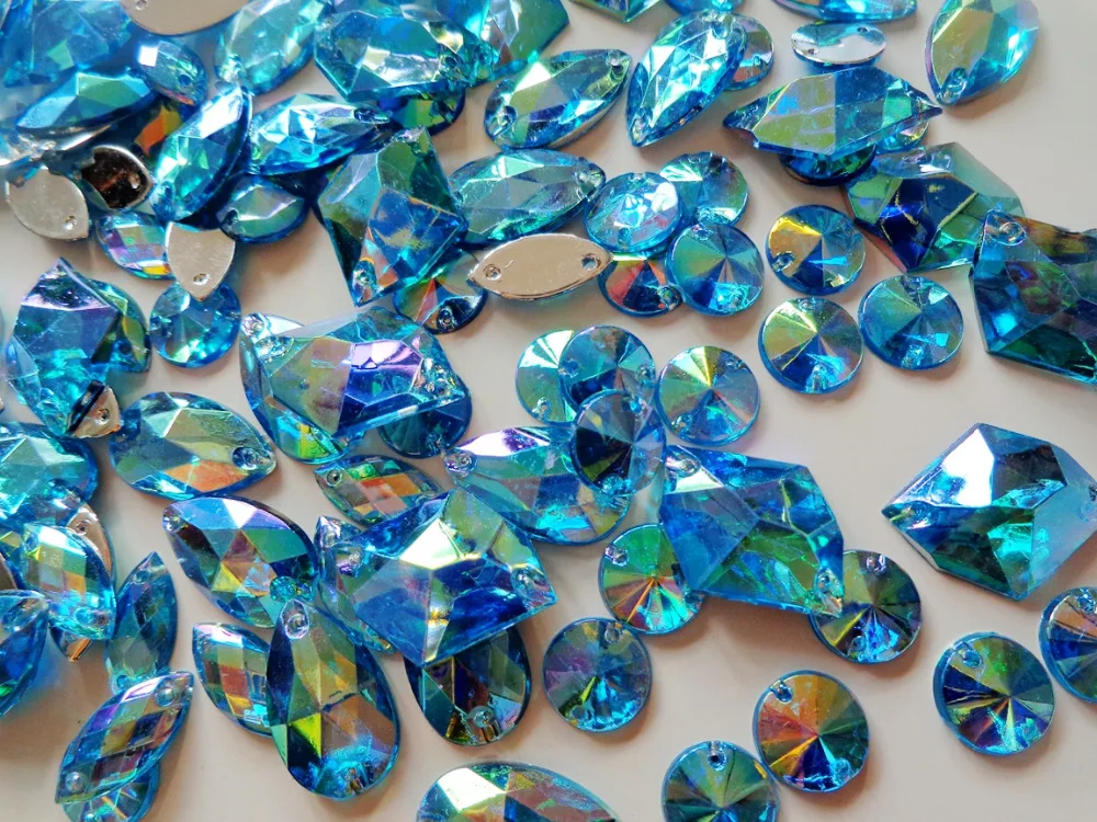 300pcs mixed loading shape size  sew on rhinestones sky blue AB colour Acrylic Crystal loose Beads hand sewing strass  for dress