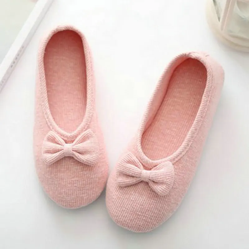 Lovely Bowtie Autumn Women Home Slippers For Indoor Bedroom Soft Bottom Cotton Warm Shoes Adult Guests Flats Non-Sip Girl Shoes