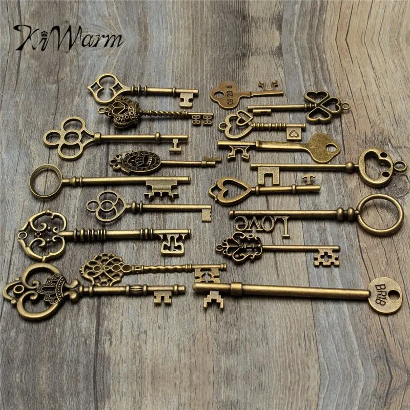 KiWarm Vintage Set Of 18 Antique Vintage Old Look Bronze Skeleton Key Heart Bow Lock pendant Necklace Hanging Decor DIY Crafts