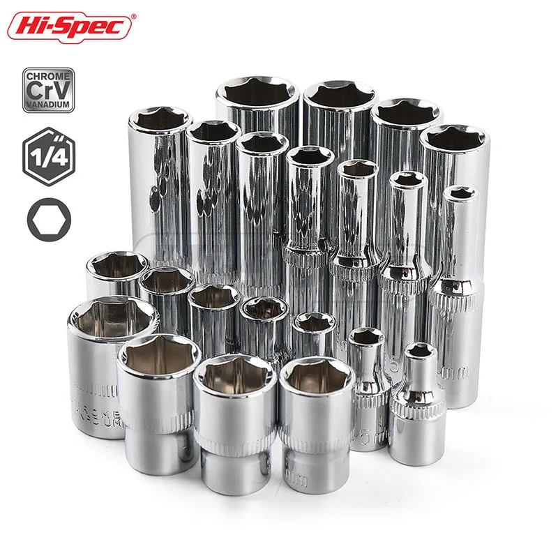 Hi-Spec 11pc 1/4  Socket Set Adapter Short Long Sockets 4-14mm Deep Socket Tool Heads Torque Spanner Ratchet Socket Wrench