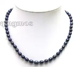Qingmos 6-7mm Rice Natural Freshwater Black Pearl Necklace for Women Jewelry 17