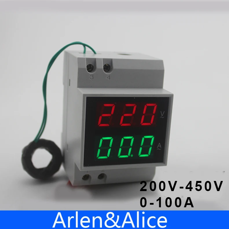 Din rail LED display Voltage and current meter with extra CT Current Transformers voltmeter ammeter range AC 200-450V 0.1-99.9A