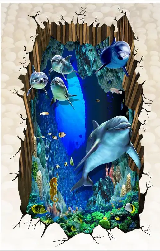 3D stereoscopic Sea World Dolphin floor self-adhesive 3D floor PVC waterproof floor Photo wallpaper mural floor