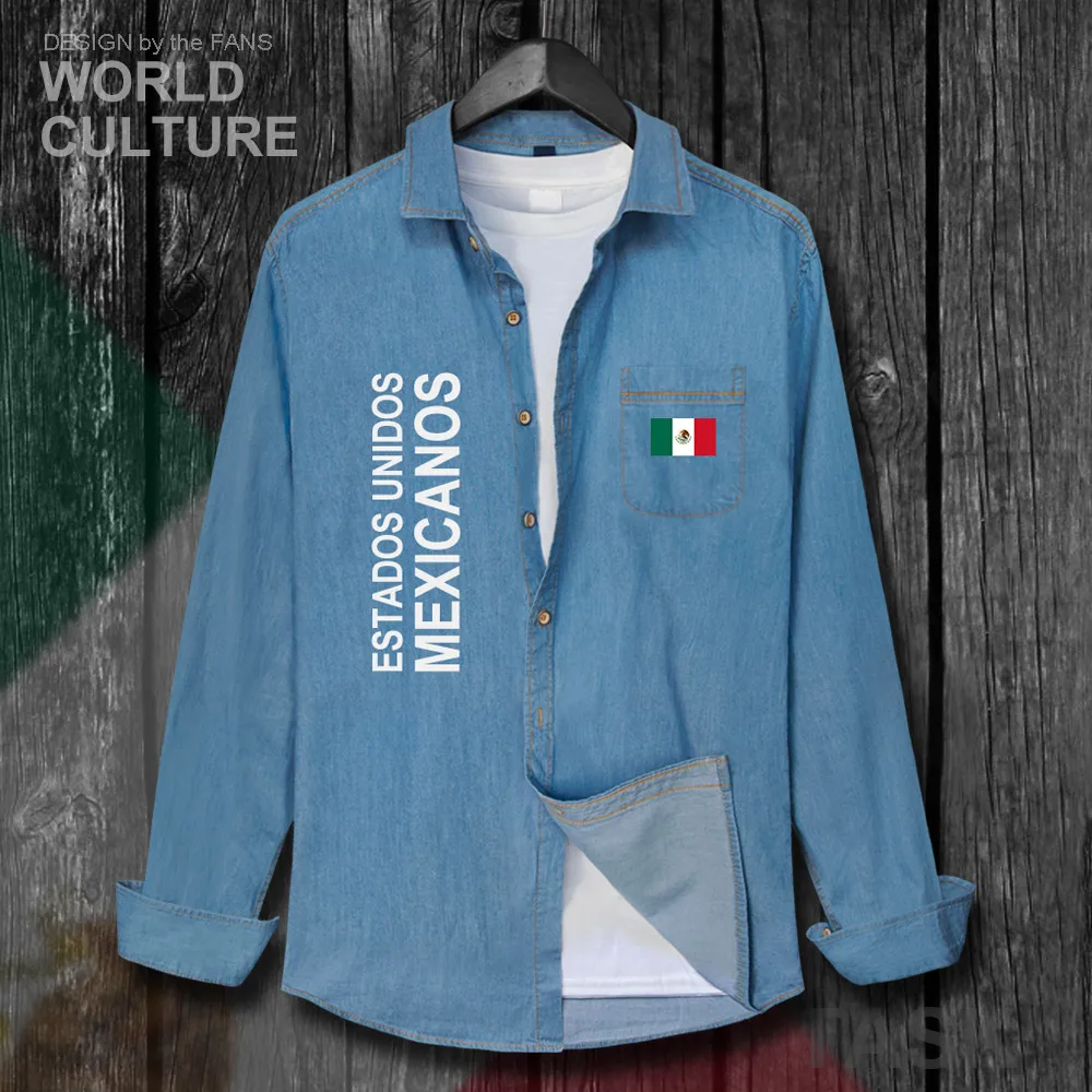 United Mexican States Mexico MX MEX Men clothes Autumn Cotton Turn-down Collar Jeans Shirt Long Sleeve fashion Cowboy flags Coat