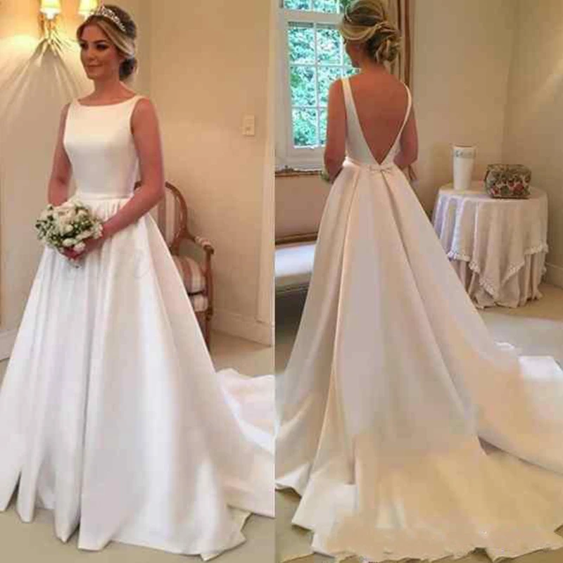 2021 Elegant White Satin Trouwjurken Mouwloze Backless Custom Made Bridal Jurken Met Boog Hoge Kwaliteit Bruidsjurken