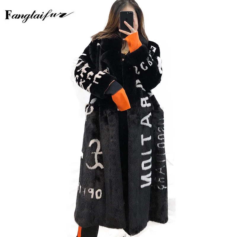 

Ftangaiur Women Import Velvet Mink Fur Coat Print Lettern Turn-Down Collar Loss Mink Coats Women's X-Long Real Mink Fur Coats