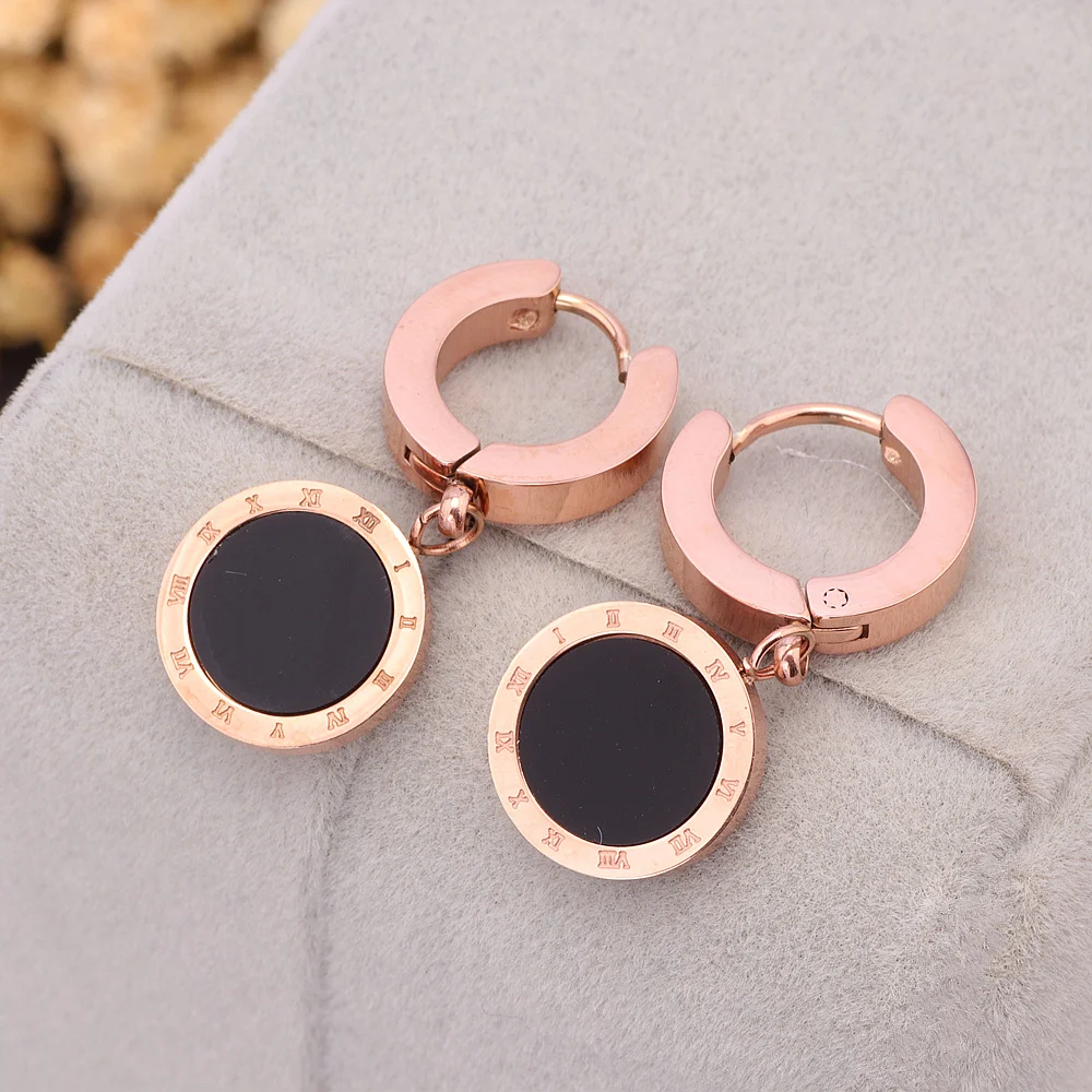 Hot Sale Brand Jewelry Rose Gold Color Drop Earrings Roman Numeral 316L Stainless Steel Earrings For Women Female Gift Bijoux E1