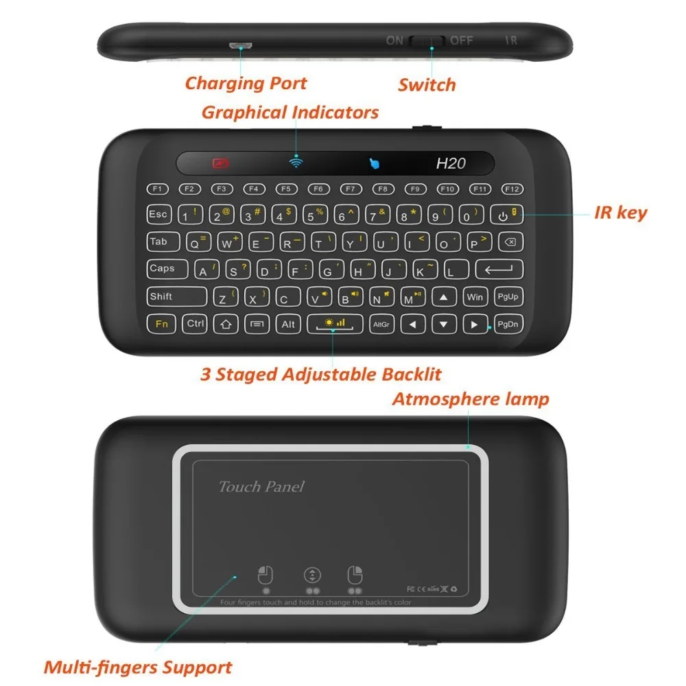 H20 Wireless Air Mini Colorful Backlit Keyboard Handheld Remote Multi-Touchpad Fly Air Mouse for Android TV Box Smart TV Laptop