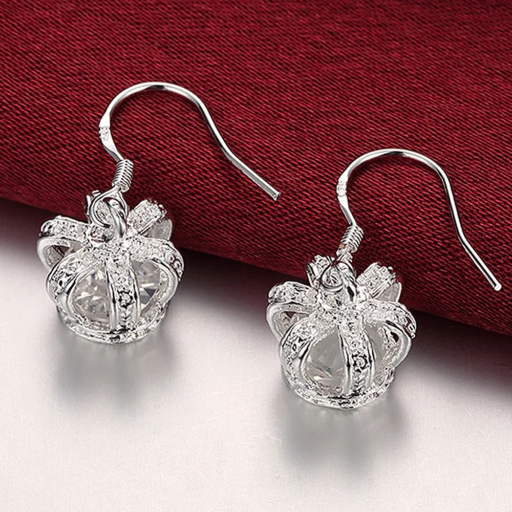 

Luxury Brand New 925 Sterling Silver Queen Crown Drop Earrings Clear CZ Zircon Women Jewelry Wedding Engagement