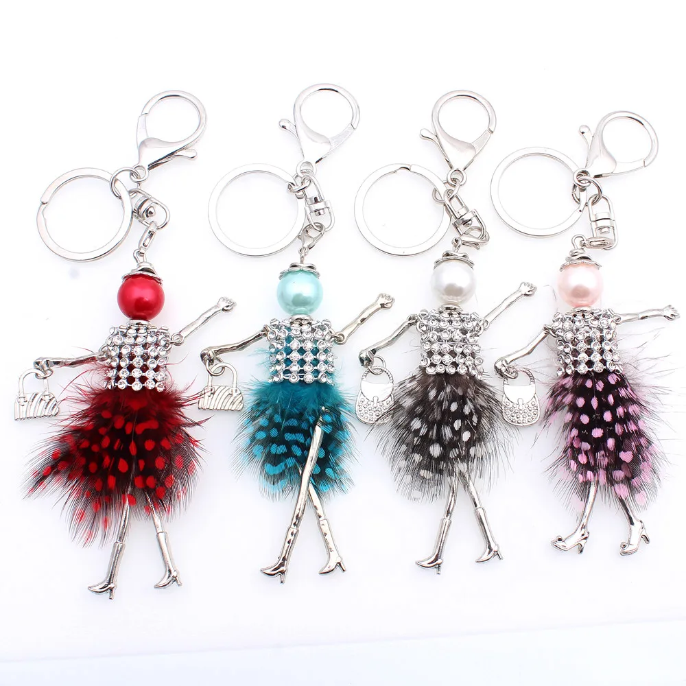 Fashion Rhinestone Feather Doll Key Chain For Keys Women Girl Decorative Keychain Charm Pendant Jewelry Aceessories 2017