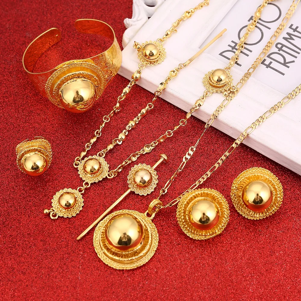 Best Quailty Ethiopian Jewelry Set Gold Color Hair Jewelry 6pcs Sets African Jewelry for Ethiopia Best Women Gift