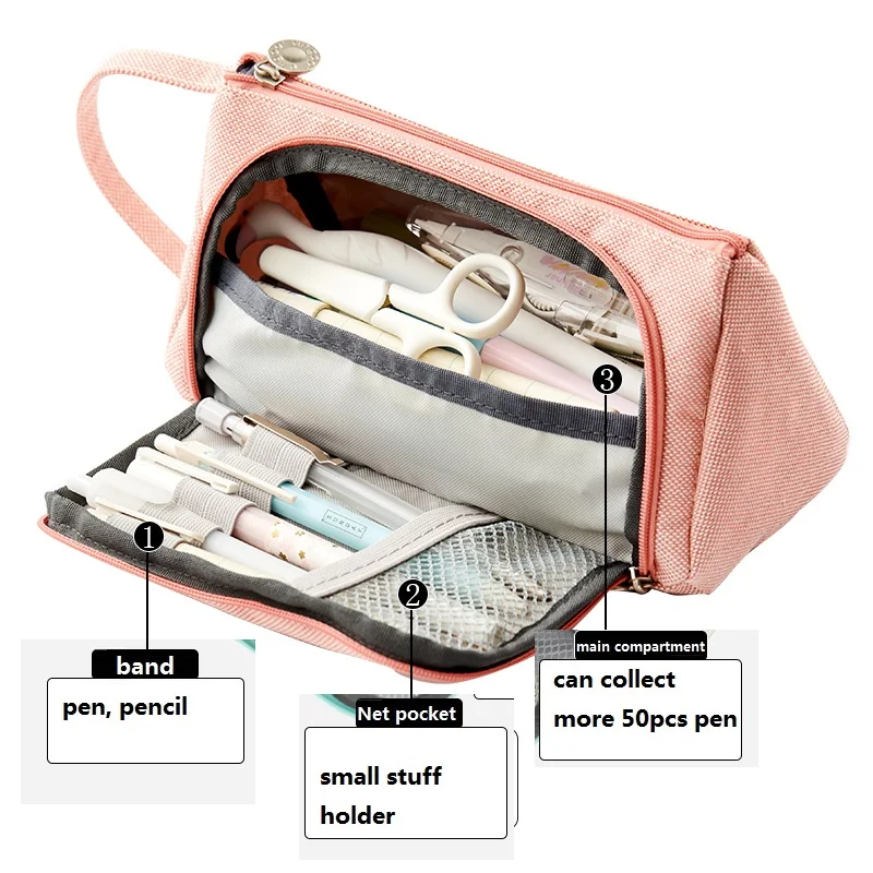 New Pencil Bag High Capacity Pen Case Side Open Zipper Eraser Holder School Stationery Make-up Tool Organizer Pocket Kid Gift