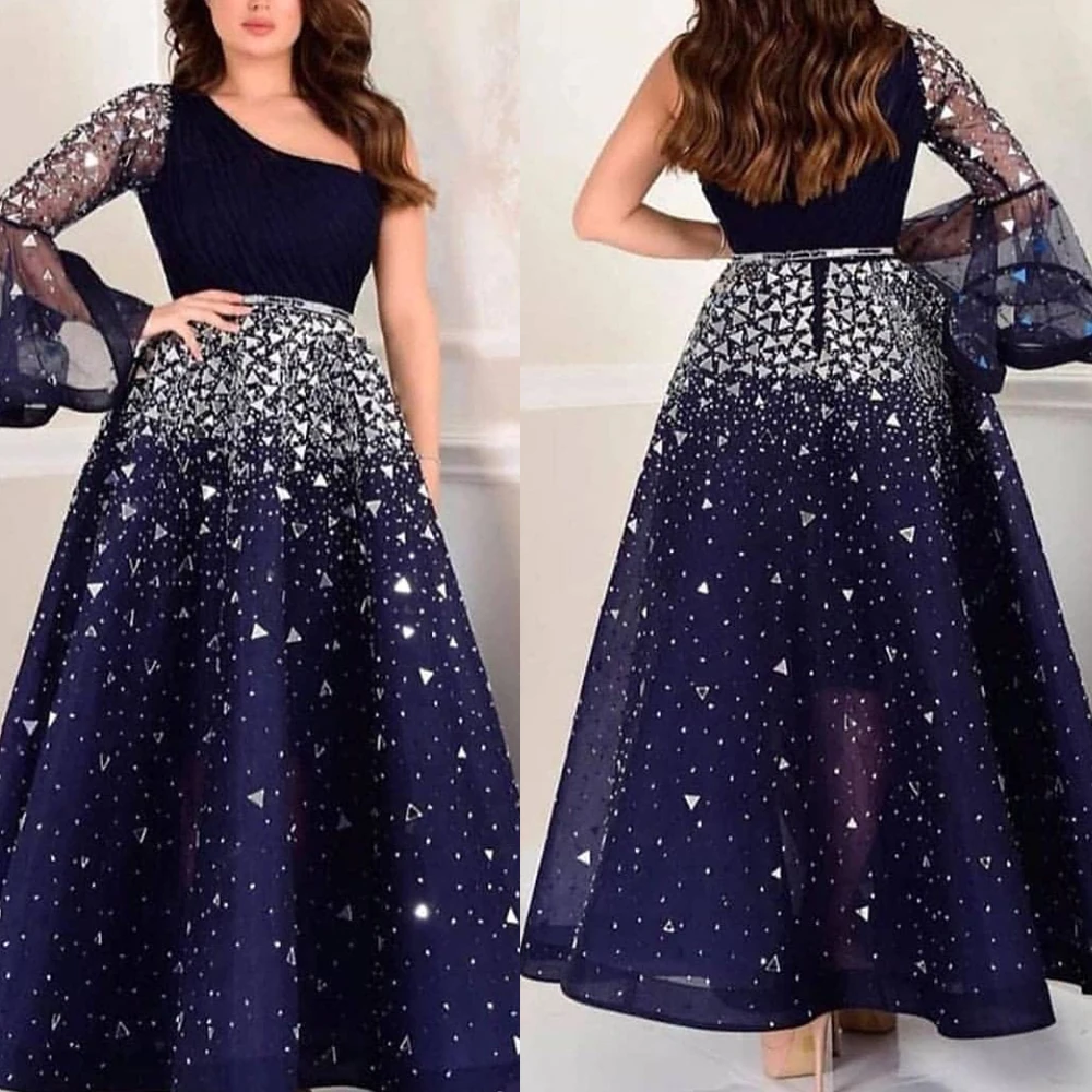 Crystal prom dresses 2020 een schouder kralen a line floor lengte sparkly kralen avondjurken marineblauw formele kleding