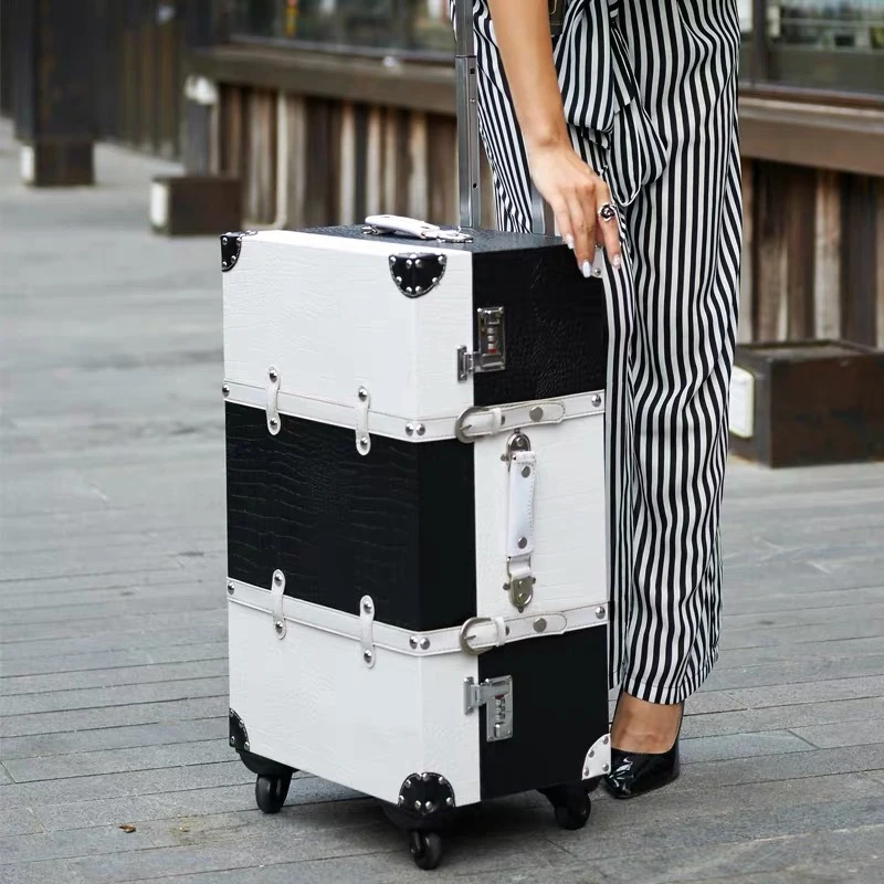 Women Retro wooden suitcase spinner trolley bag with Cosmetic case lady 20 24 26 vintage rolling luggage sets handbag on wheels