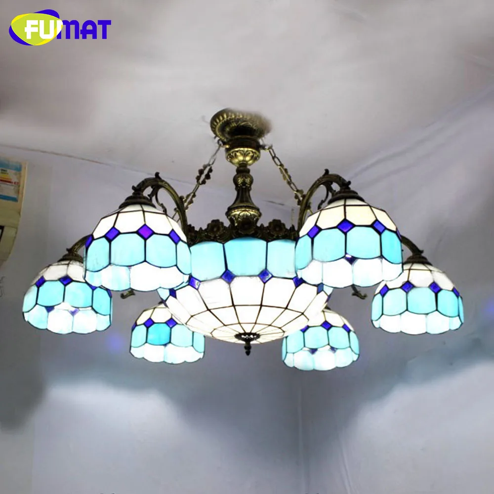 

FUMAT Blue Chandelier European Vintage Glass Suspension Light Bar Hotel Cafe Hanging Lamp Pendientes Dia 95cm Led Light Lamp