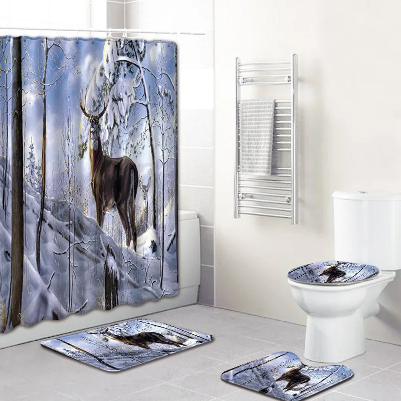 Animal Deer Pattern Design 4 Pieces Bathroom Curtain Waterproof Fabric Shower Curtain Carpet Set Toilet Mat for Bathroom