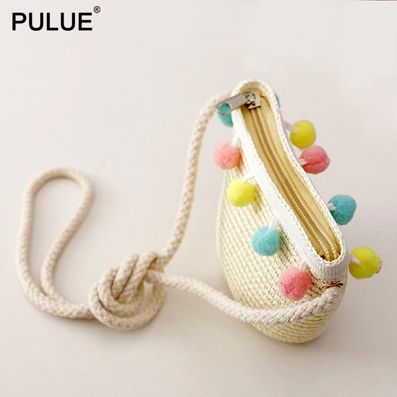 High Grade Handmade Straw Coin Purse Girl Mini Shoulder Bag Zipper Money Card Keys Bag Children Small Messenger Bag Change Purse