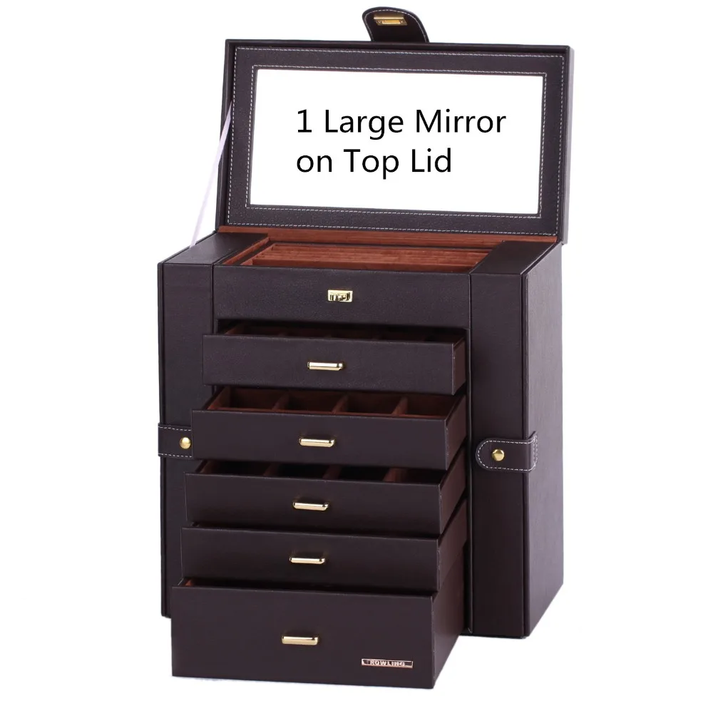 Extra Large Brown Jewelry Box Vintage Jewellery Pendant Case PU Rings Organizer Earrings Display Necklace Storage Cabinet ZG241